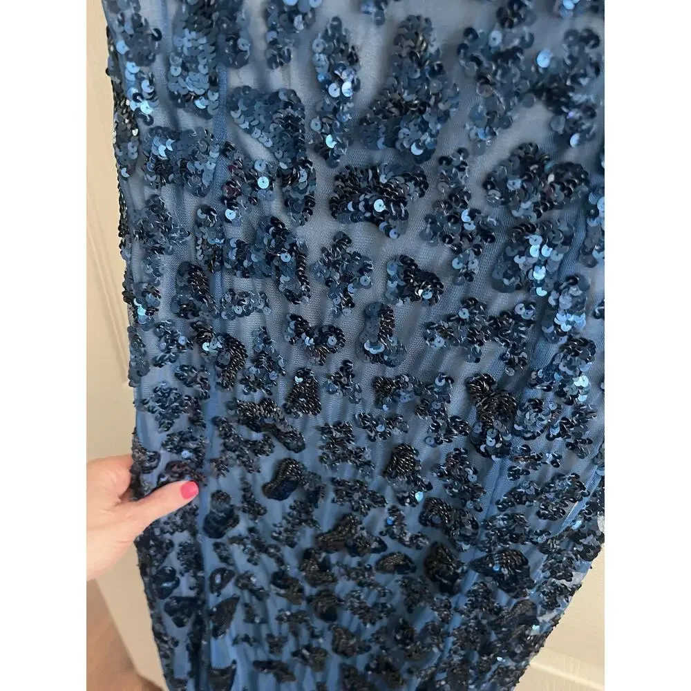CACHE Vintage Y2K Blue Sequin Mesh Strapless Maxi Long Gown Dress - Picture 3 of 14
